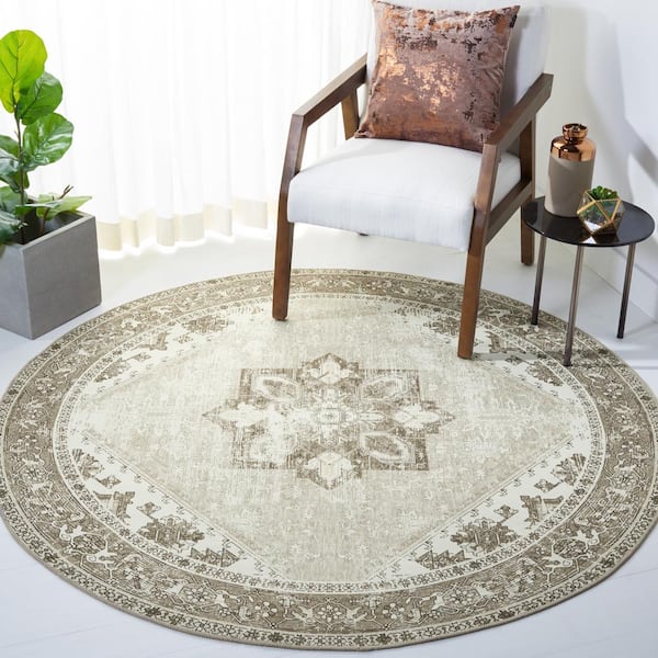 Tuscon Sage/Ivory 4 ft. x 4 ft. Machine Washable Border Distressed Round Area Rug