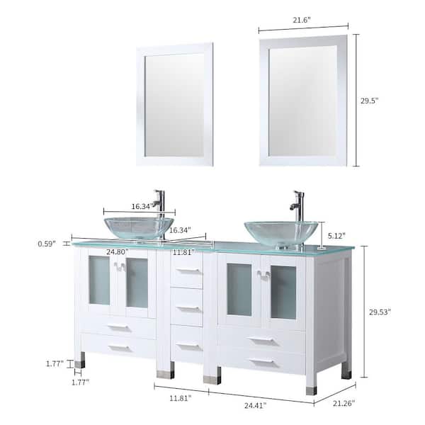 60 in. W x 21.5 in. D x 61 in. H Double Sinks Bath Vanity in White with Glass Top and Mirror