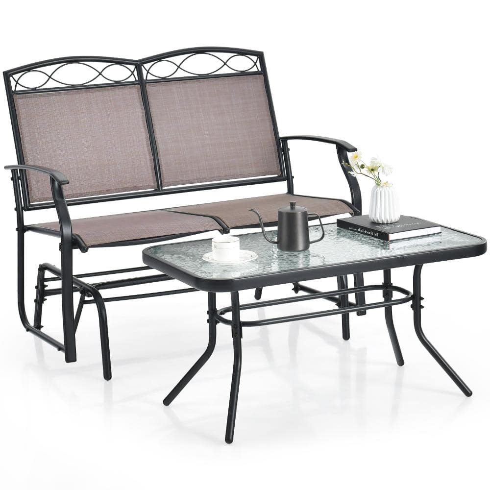 2-Piece Metal Patio Glider Loveseat Set with Tempered Glass Coffee Table, Brown and Black price history on PriceWatchPro