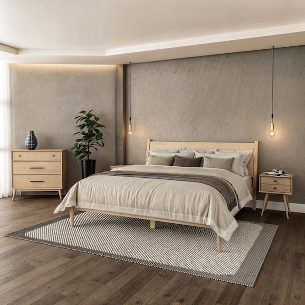 Mid-Century Light Oak Beige Solid Wood Frame King Size Panel Platform Bed