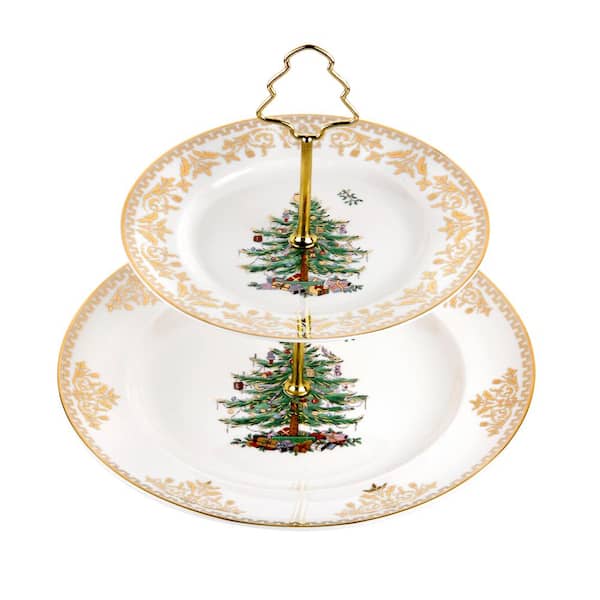 Spode Christmas Tree Gold Porcelain 2-Tier Cake Stand