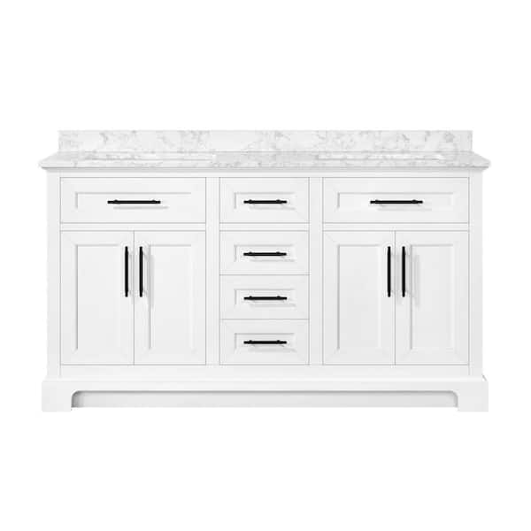 Photo 1 of Doveton 60 in. W x 19 in. D x 34.50 in. H Bath Vanity in White with White Cultured Marble Top