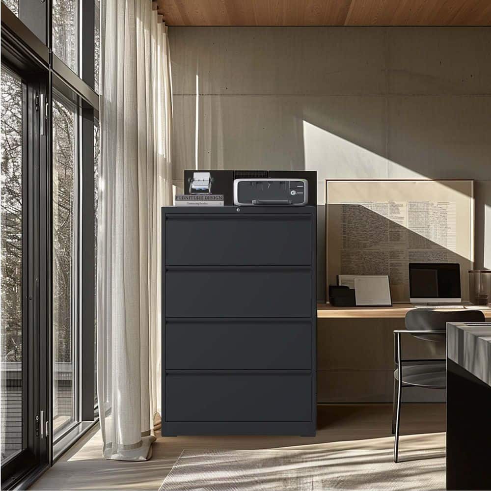 4 Drawer Metal Lateral File Cabinet with Lock Office Home Pantry Organizer for A4 Legal/Letter Size, Black