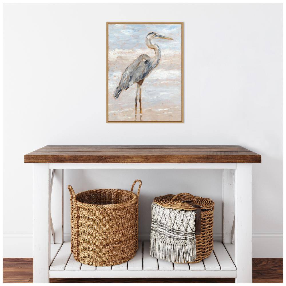 Beach Heron I Blue and Gray Canvas Print with Maple Frame