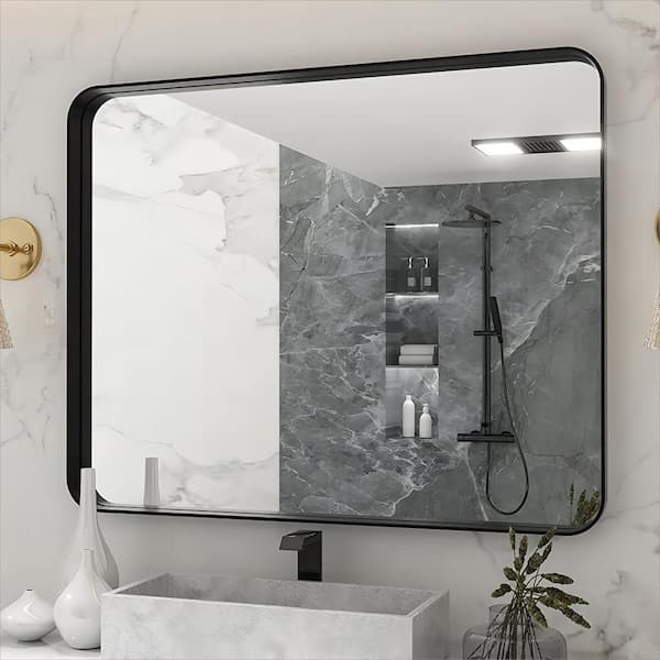 waterpar 40 in. W x 32 in. H Rectangular Aluminum Framed Wall Bathroom Vanity Mirror in Black