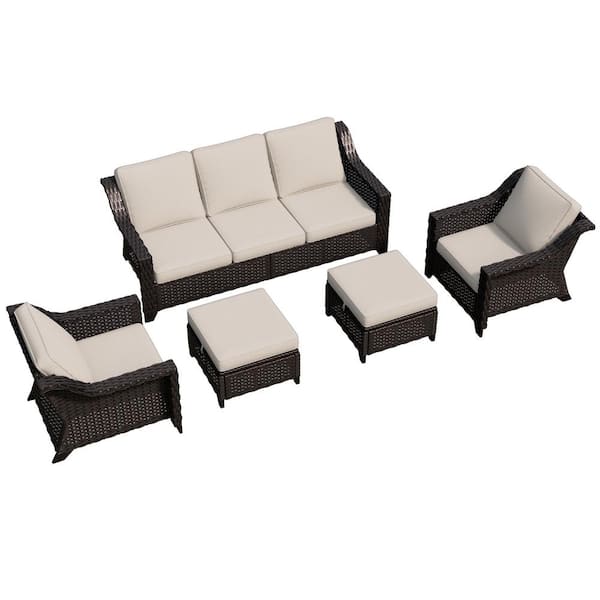 Patio Sofa Set 5-Piece Outdoor Conversation Set with Beige Cushions, 2 Ottomans