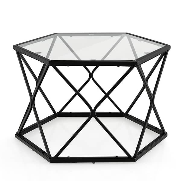 Costway 25.5 in. Black Hexagon Geometric Glass Modern Coffee Table With Tempered Glass Top and Metal LegsLiving Roo