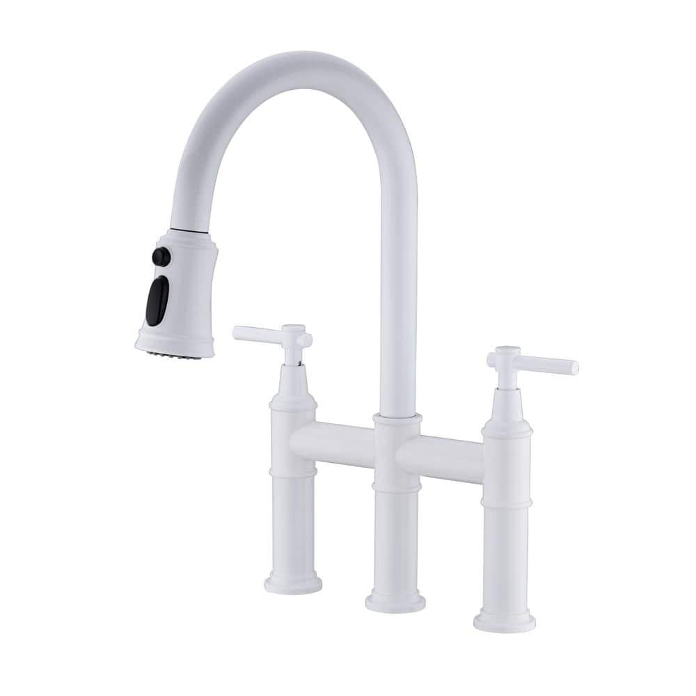 Tahanbath Single Handle Bridge Kitchen Faucet with Pull-Down Sprayhead in Spot in White