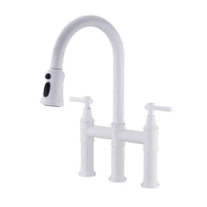 Single Handle Bridge Kitchen Faucet with Pull-Down Sprayhead in Spot in White