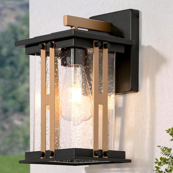 Uolfin 11.4 in. 1-Light Black and Gold Outdoor Hardwired Porch Wall Lantern Sconce with Seeded Glass with No Bulbs Included