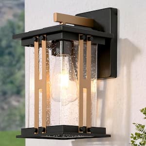 Black and Brass Square Outdoor Hardwired Wall Lantern Sconce with Clear Glass Shade