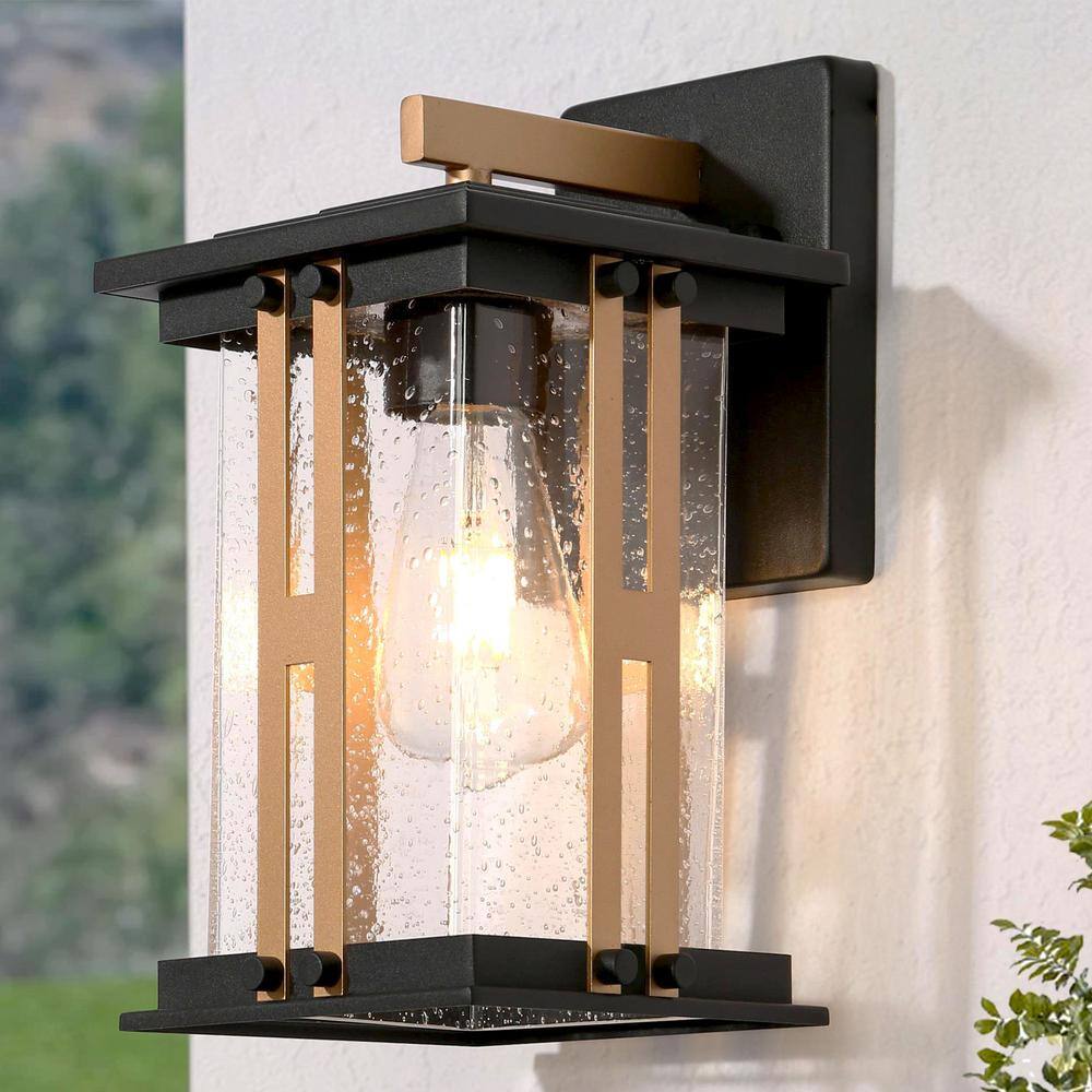 11.4 in. Modern Casual Black Gold Outdoor Porch Wall Lantern Sconce with Seeded Glass, No Bulbs Included, Hardwired price history on PriceWatchPro