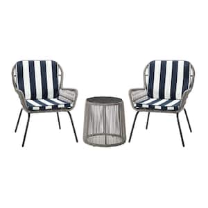 Messina Gray 3-Piece Wicker Outdoor Bistro Set with Navy Cushion