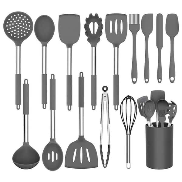 15-Piece Silicone Kitchen Utensil Set with Stainless Steel Handle, Non-Stick Heat Resistant, BPA-Free, Grey
