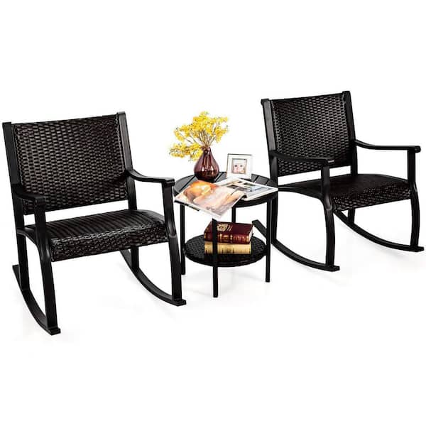 Alpulon Brown 3-Pieces Wicker Outdoor Rocking Chair Set with Coffee Table
