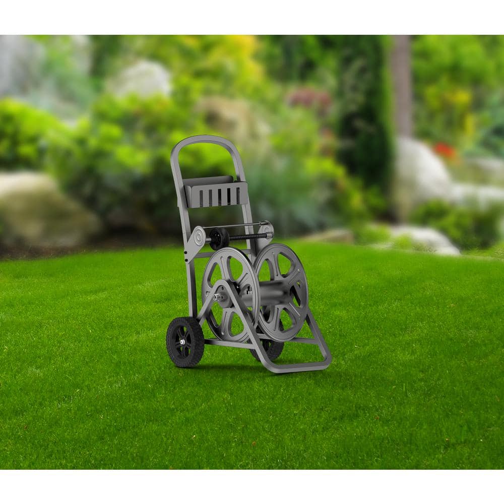 Gray Steel Mobile Garden Hose Cart with Basket