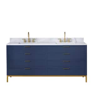 Bristol 72 in. W x 21.5 in. D Vanity in Monarch Blue with Marble Top in White with White Basin and Grooseneck Faucet