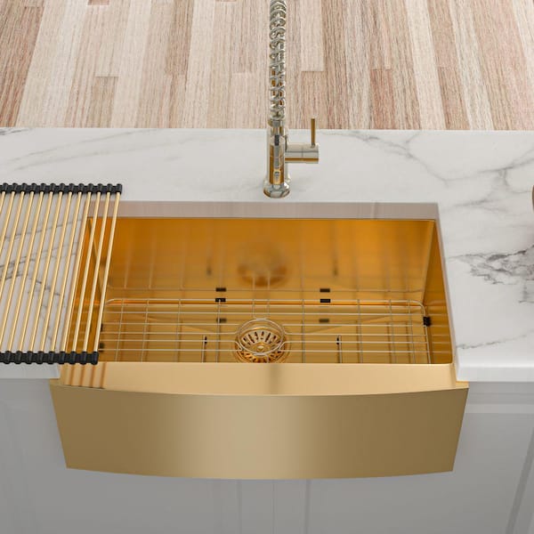 33in W x 21in D Farmhouse Kitchen Sink Gold Stainless Steel with Sink Grid  and Drain Assembly Apron Front