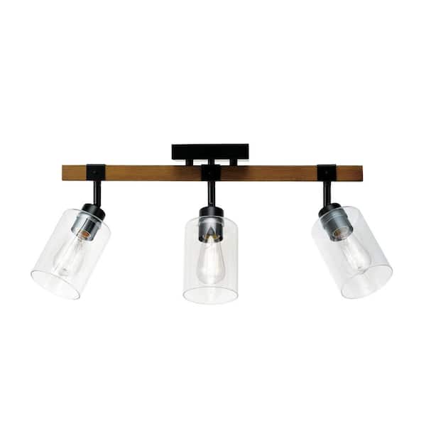 Globe Electric Austin 2 ft. 3-Light Faux Wood Fixed Track Lighting Kit with Matte Black Accents and Clear Glass Shades