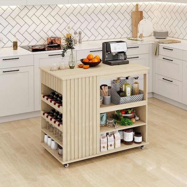 Natural Wood Kitchen Cart with Storage