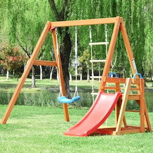 Kids Wooden Swing Set with Slide, Outdoor Playset Backyard Activity Playground Climb Swing Set