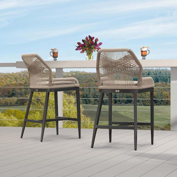 Modern Aluminum Twill Wicker Woven Bar Height Outdoor Bar Stool with Back and Sunbrella Taupe Cushion (2-Pack)
