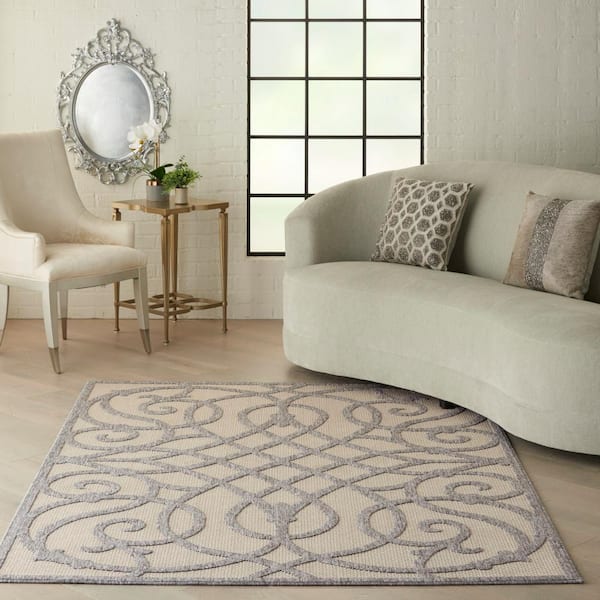 Palamos Cream Gray 4 ft. x 6 ft. Geometric Contemporary Indoor/Outdoor Patio Area Rug