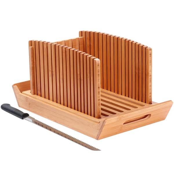 8 in Bamboo Loaf Cutter with Stainless Steel Knife and Crumb Catcher, Adjustable Foldable Full Tang