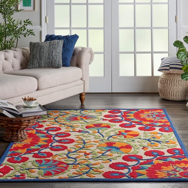 Aloha Easy-Care Red/Multicolor 4 ft. x 6 ft. Floral Modern Indoor/Outdoor Patio Area Rug