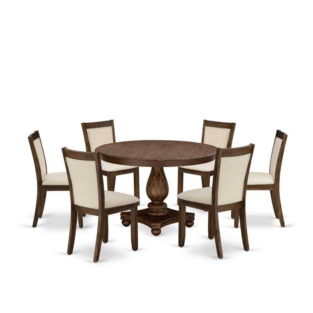 Antique Walnut Round Pedestal Dining Table with 6 Light Beige Linen Chairs