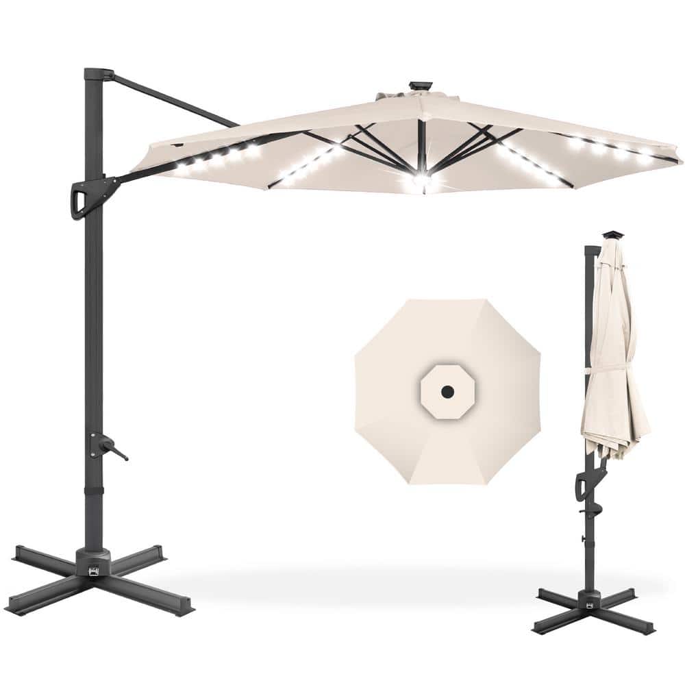 Ivory 10ft Octagon Market Umbrella with LED Lights and Steel Pole