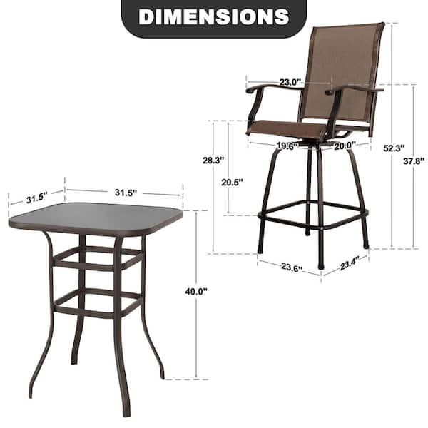 Brown 3-Piece Steel Outdoor Patio Bar Set with High Swivel Bistro Chairs