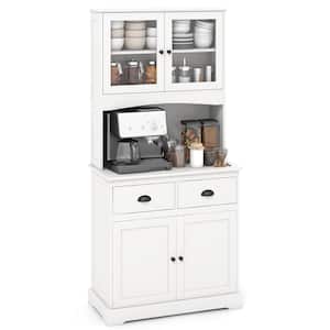 White Wood 31.5 in. Sideboard Tall Storage Cabinet with 5 Shelves and Microwave Stand & 2 Drawers