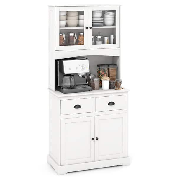 HONEY JOY White Wood 31.5 in. Sideboard Tall Storage Cabinet with 5 Shelves and Microwave Stand & 2 Drawers