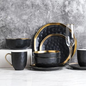 16-Piece Dishes for 4-Gold and Black Florian Modern Porcelain Dish Set