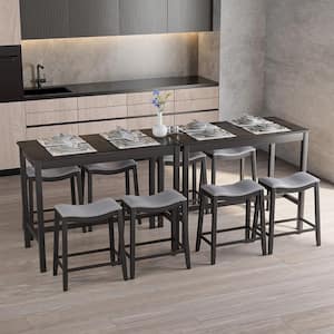 5-Pieces Black Wood Bar Table Set Counter Height Table and Upholstered Saddle Stools