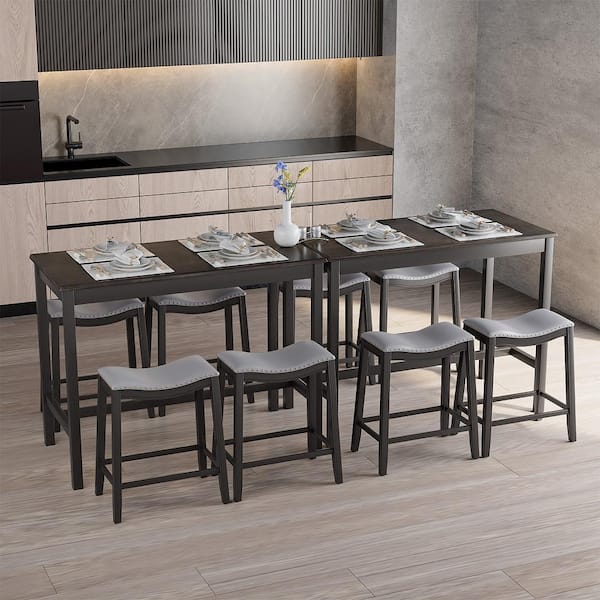 5-Pieces Black Wood Bar Table Set Counter Height Table and Upholstered Saddle Stools