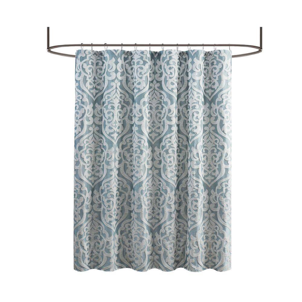 Aqua and Silver Damask Jacquard Fabric Shower Curtain