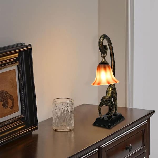23.22 in. Bronze Creative Monkey Bedside Table Lamp with Glass Shade for Bedroom Living Room, No Bulbs Included