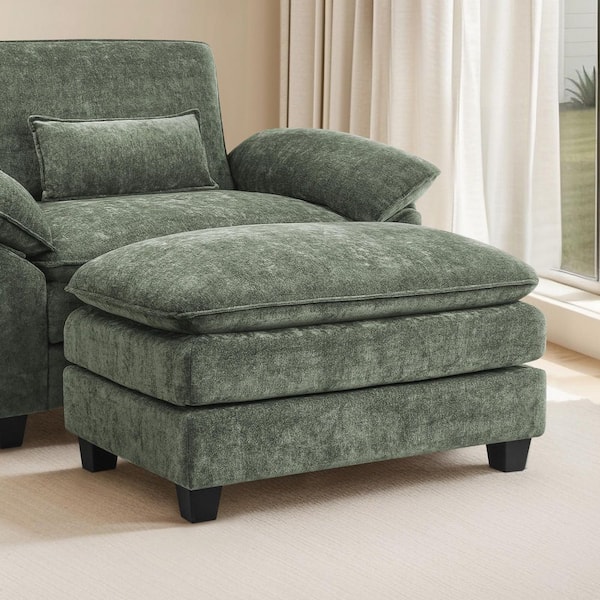Oversized Chenille Upholstered Solid Wood Legs Cocktail Ottoman with Extra Thick Cushion for Living Room in Gray Green