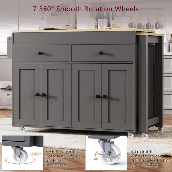 White Wood 53 in. Kitchen Island with Drawers, Rolling
