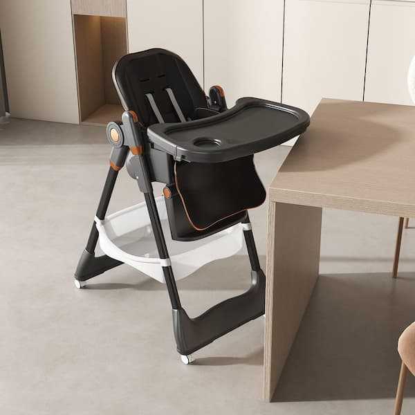 Black Portable Infant Feeding Seat 0-6 Years with Safety Belt, Silent Lockable Wheels and Easy-Clean Design for Home