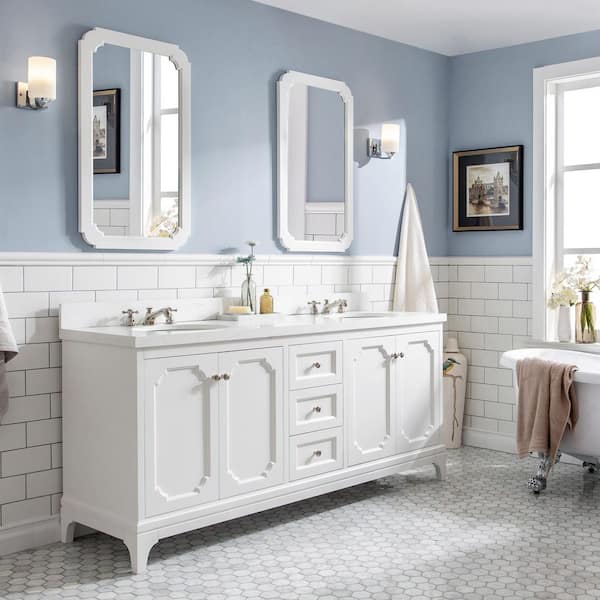 Queen 72 in. Pure White With Quartz Carrara Vanity Top With Ceramics White Basins