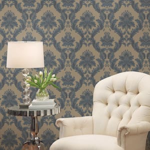 Ornamenta 2 Beige/Blue Classic Damask Design Non-Pasted Vinyl on Paper Material Wallpaper Roll (Covers 57.75 sq. ft..)
