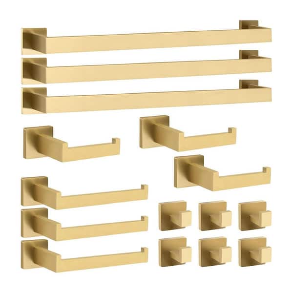 15-Piece Wall Mounted Stainless Steel Bath Hardware Set with Towel Bars, Toilet Paper Holders, Hooks and Racks in Gold