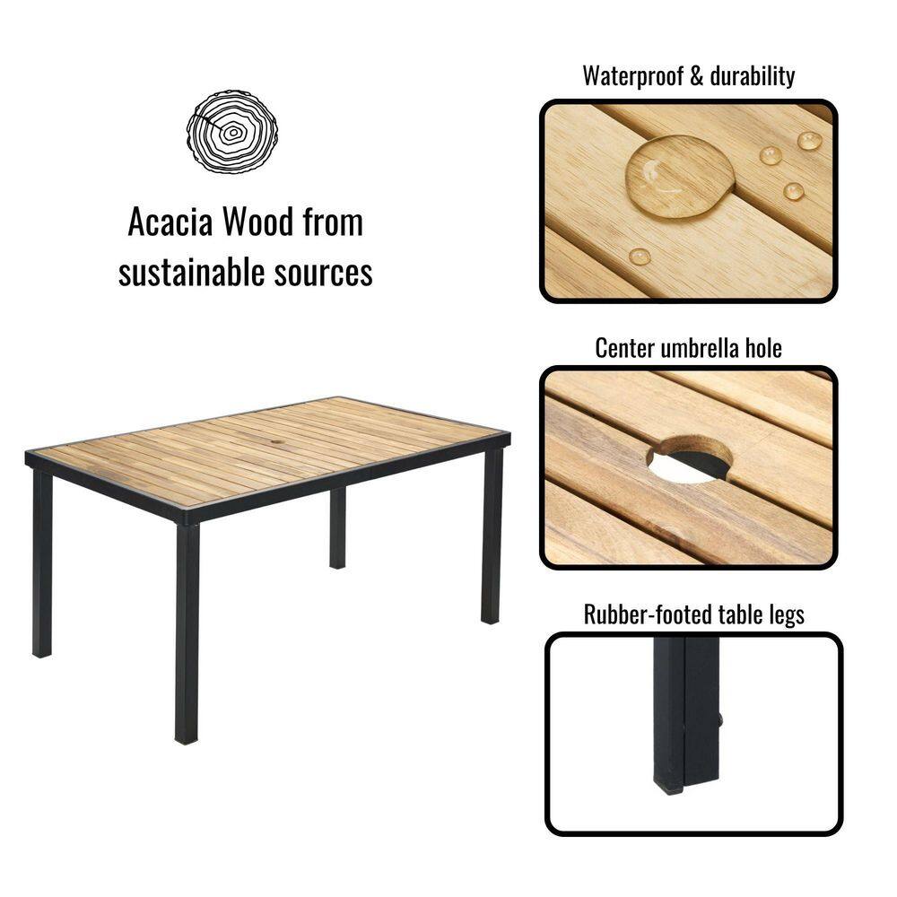 Features of the outdoor dining set: waterproof, acacia wood, umbrella hole.