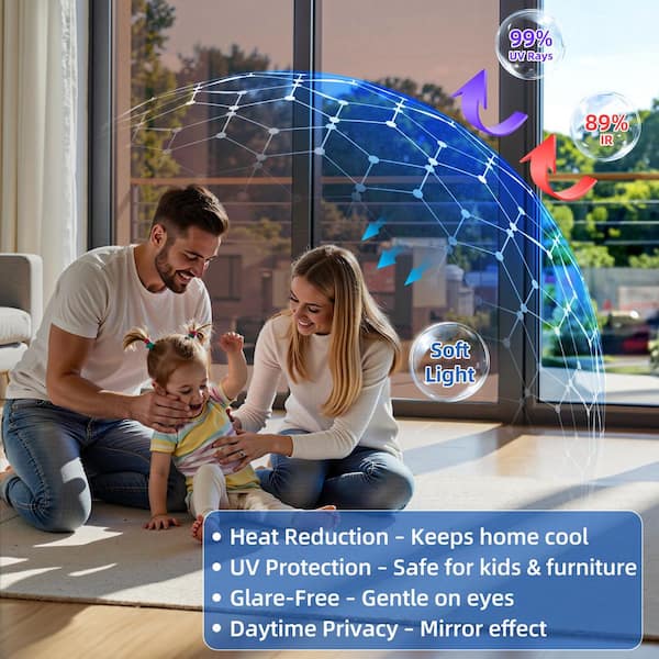 35 in. W x 197 in. L Heat Blocking Anti UV Daytime Blackout Decorative Window Film with One Way Reflective, Tea Silver