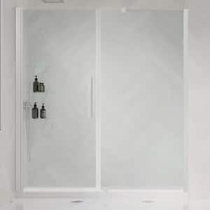 Pasadena 60 in. L x 36 in. W x 75 in. H Alcove Shower Kit w/Pivot Frameless Shower Door in SN w/ Shelves and Shower Pan