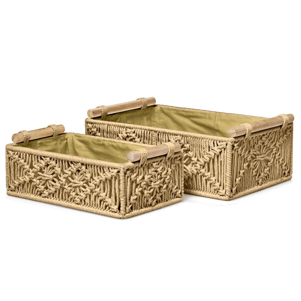Macrame Boho Decor Baskets, Lined Woven Boxes Set for Bathroom, Brown 12 in