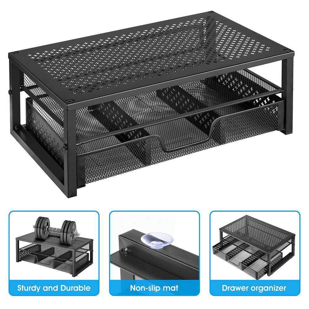 Black Metal Mesh Monitor Stand with Storage Drawers